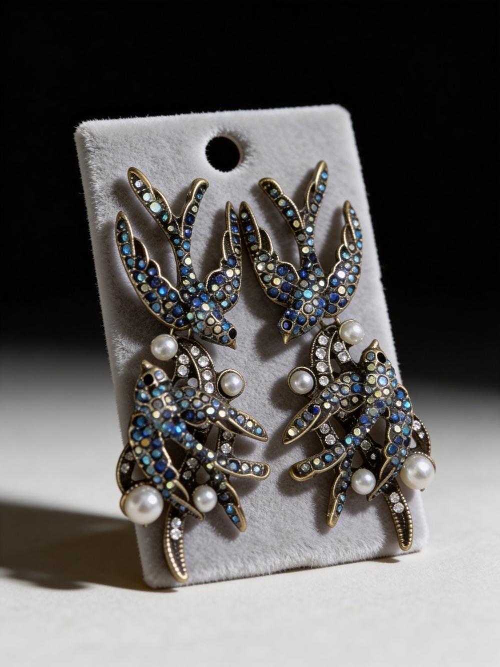 Pearl & Blue Crystal Swallow Earrings - Artist Marked